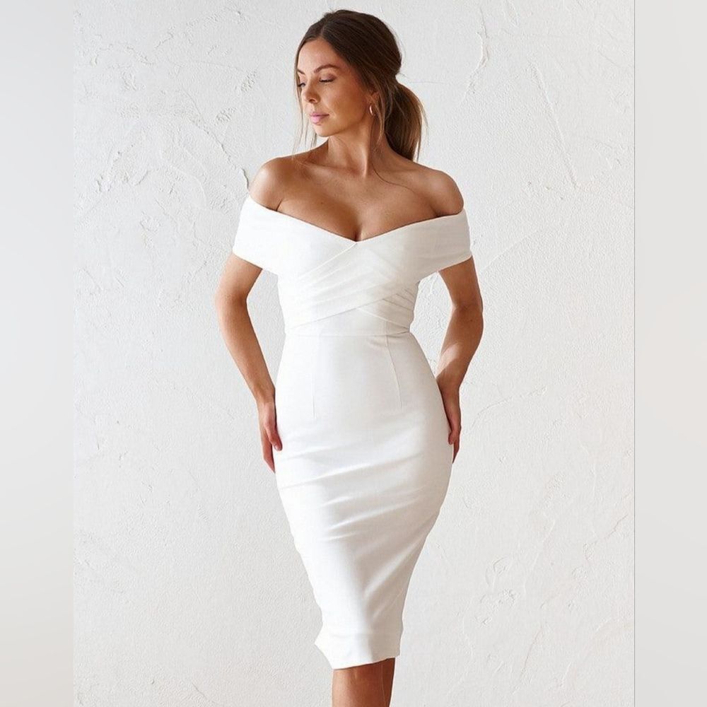 JAUS Lovers White Off Shoulder Bodycon Midi Dress Medium